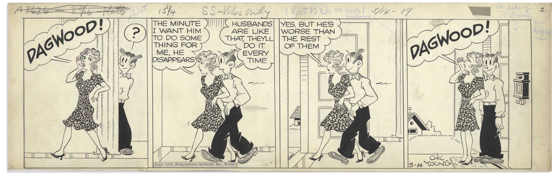 Chic Young Hand-Drawn ''Blondie'' Comic Strip From 1945 Titled ''Hike and Seek!'' -- Dagwood Breaks the Fourth Wall in This Fun Strip